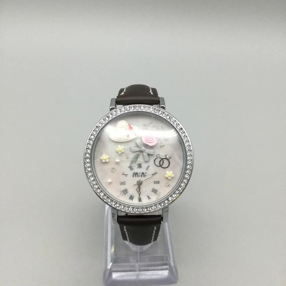 Mini Womens Watch 40mm Multicolor 3D Dial Floral Crystals Leather New Battery